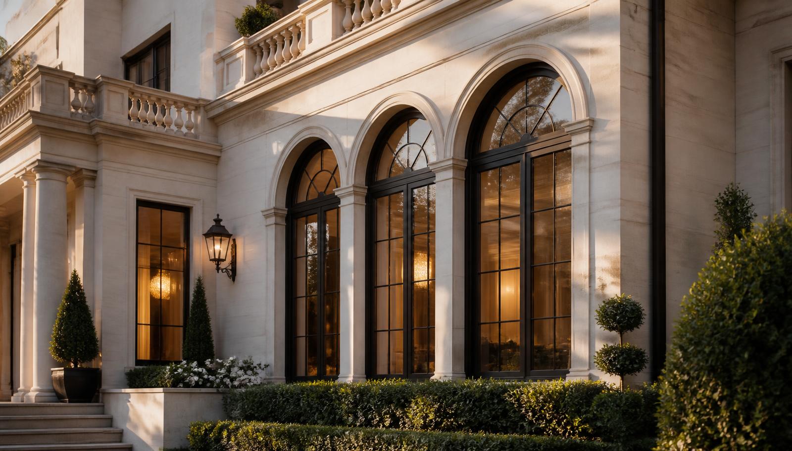 Architectural detail of an upscale property at golden hour